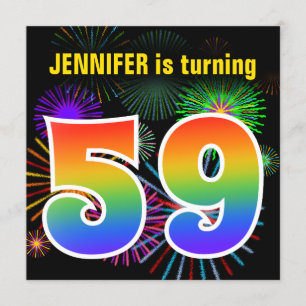 Invitation Fun Fireworks + Rainbow Motif "59" Anniversaire #