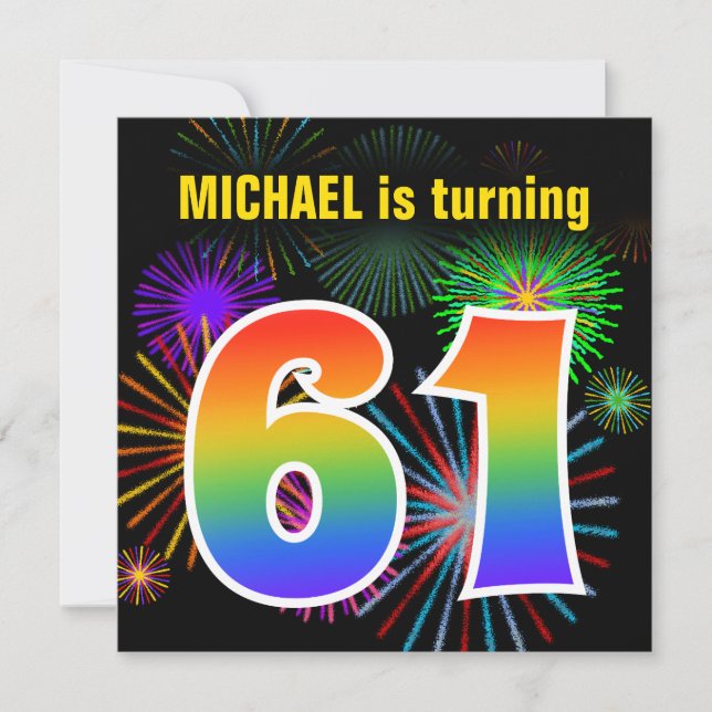 Invitation Fun Fireworks + Rainbow Motif "61" Anniversaire # (Devant)