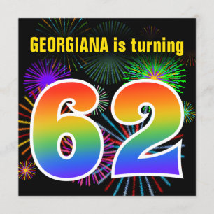 Invitation Fun Fireworks + Rainbow Motif "62" Anniversaire n°