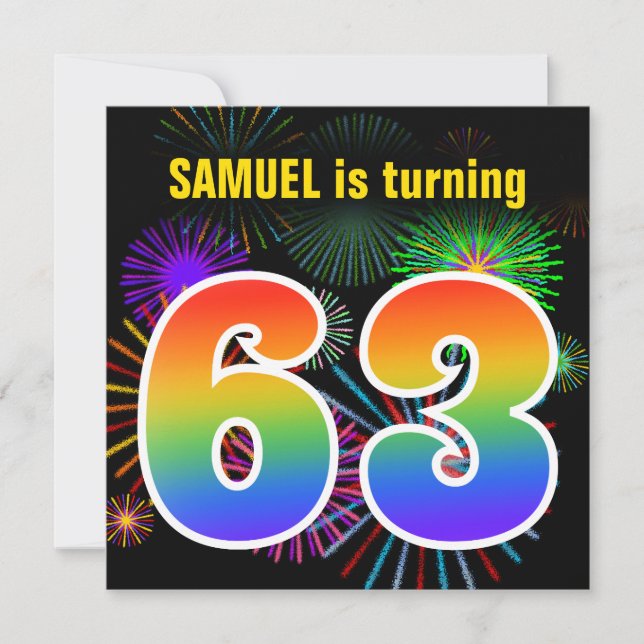 Invitation Fun Fireworks + Rainbow Motif "63" Anniversaire # (Devant)