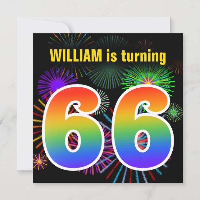 Invitation Fun Fireworks + Rainbow Motif "66" Anniversaire # (Devant)