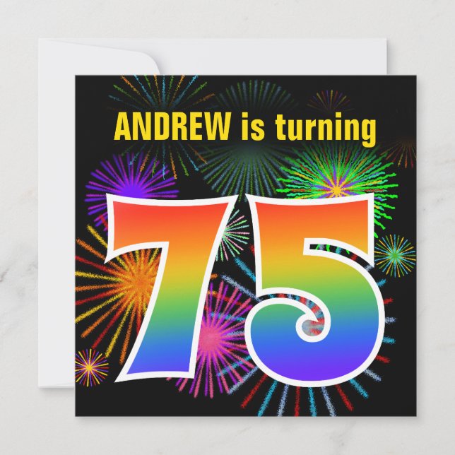 Invitation Fun Fireworks + Rainbow Motif "75" Anniversaire # (Devant)