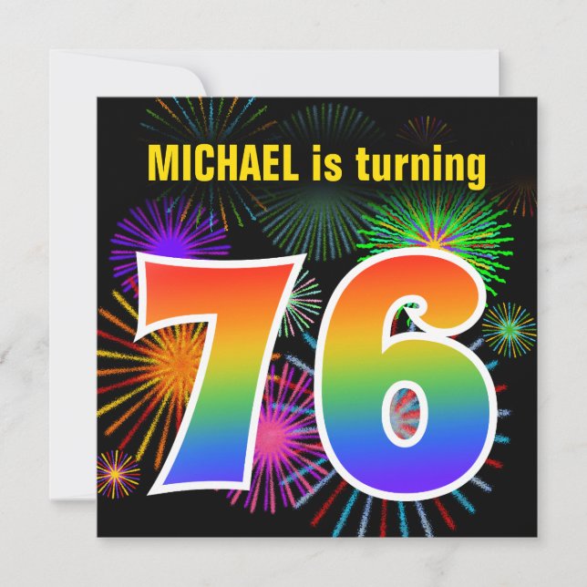 Invitation Fun Fireworks + Rainbow Motif "76" Anniversaire # (Devant)