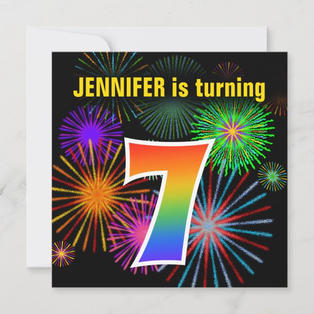 Invitation Fun Fireworks + Rainbow Motif "7" Anniversaire # (Devant)