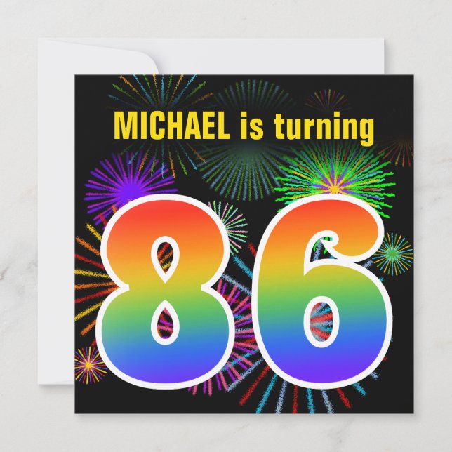 Invitation Fun Fireworks + Rainbow Motif "86" Anniversaire # (Devant)