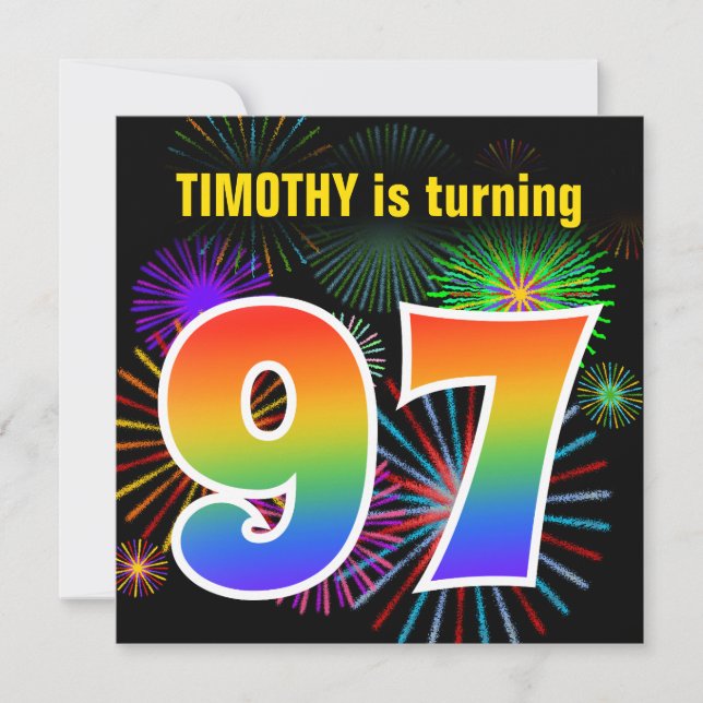 Invitation Fun Fireworks + Rainbow Motif "97" Anniversaire # (Devant)