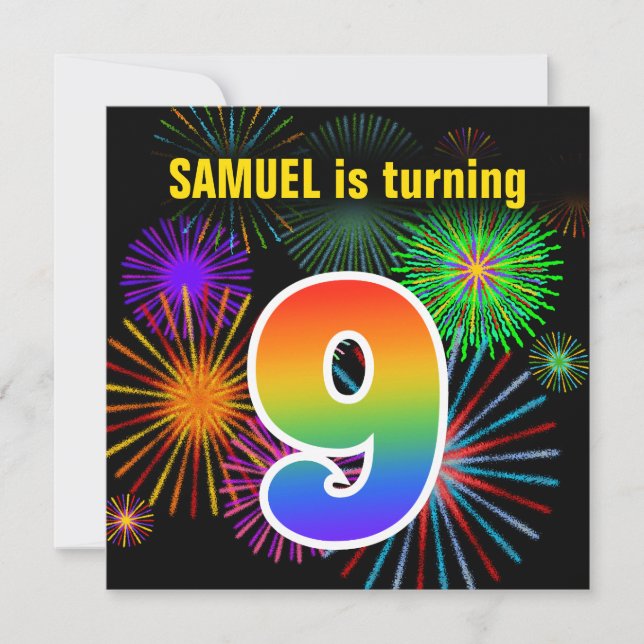Invitation Fun Fireworks + Rainbow Motif "9" Anniversaire # (Devant)