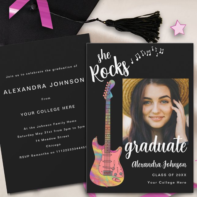 Invitation Fun Graduate Photo noir blanc Script Grad Party (Fun Pink guitar graduate photo Black and white stylish script Graduation party invitation music )