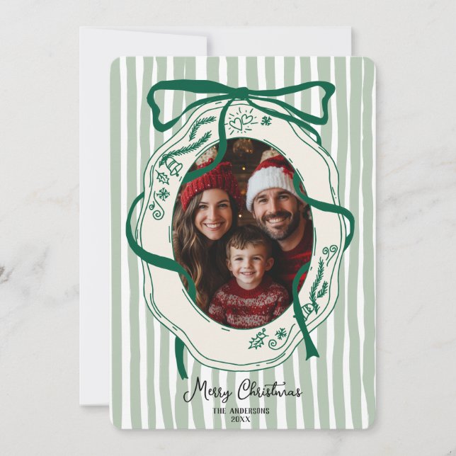 Invitation Fun Green Hand Dessiné Joyeux Noël Famille Photo (Devant)