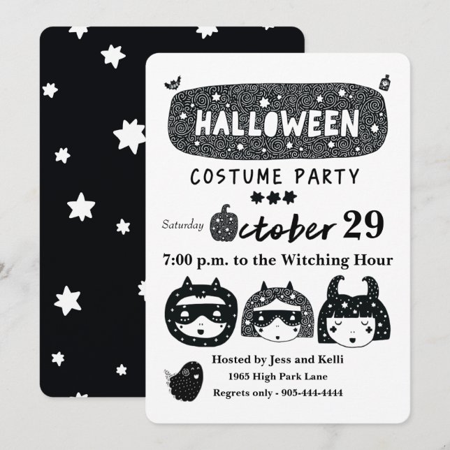 Invitation Fun halloween superhero costume soirée b&w (Devant / Derrière)