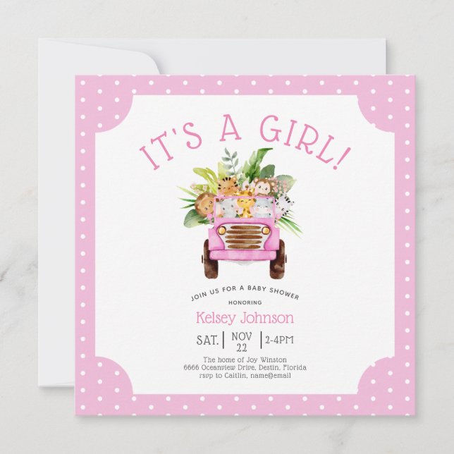 Invitation Fun Jungle Safari C'est une fille Baby shower rose (Devant)