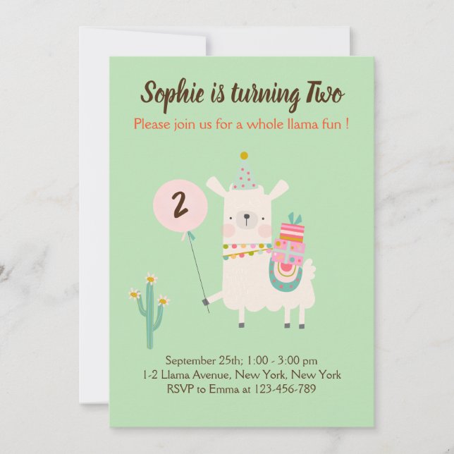 Invitation Fun Llama Fun Lime Green fête d'anniversaire (Devant)