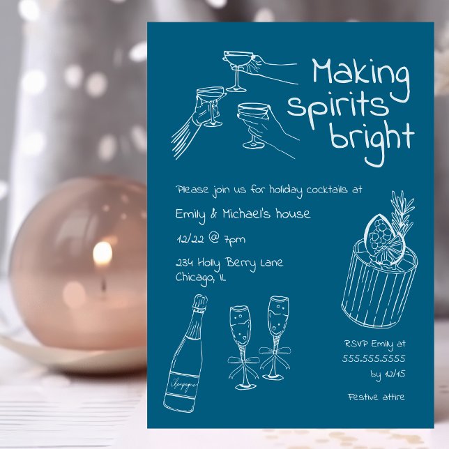 Invitation Fun & Moderne Main Tirée Bleu & Blanc Fête de Noël (Créateur téléchargé)