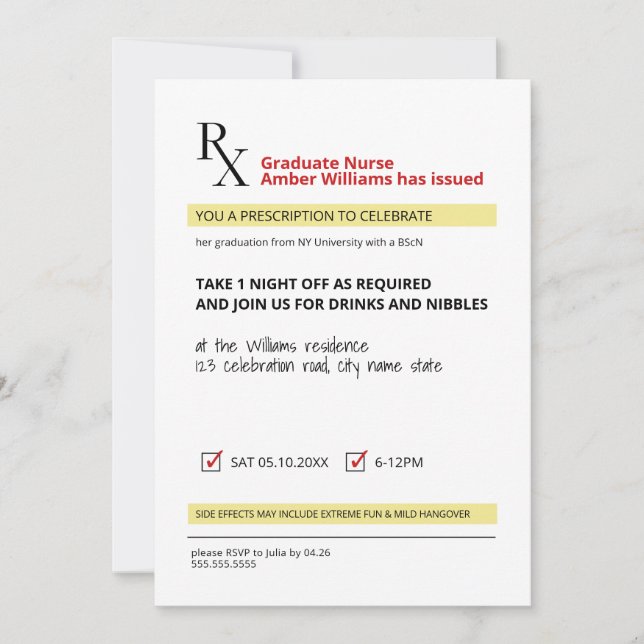 Invitation Fun Novelty Rx Prescription Nurse Graduation (Devant)