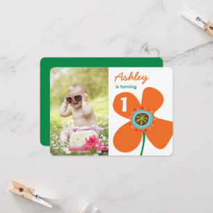 Invitation Fun Orange Daisy Pop Cute Photo Girl 1er anniversa