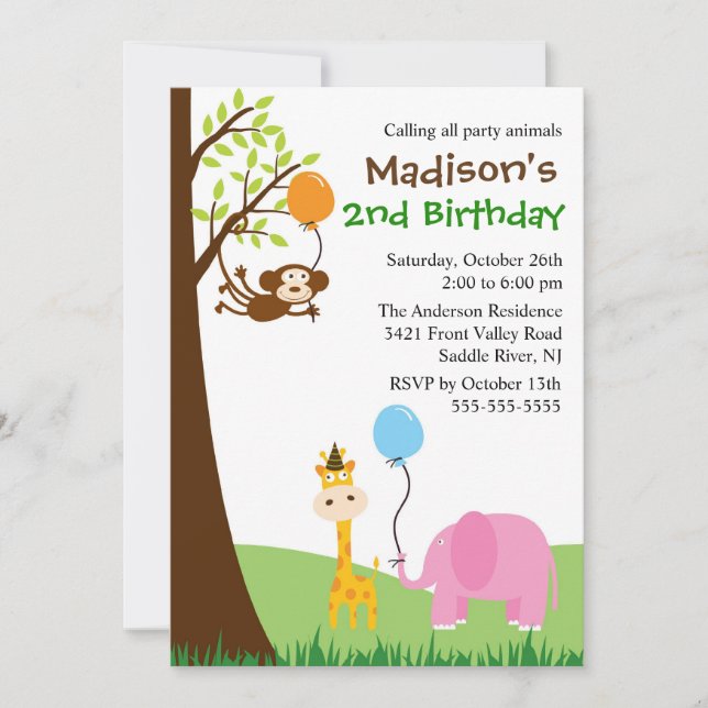 Invitation Fun Party Animaux Safari 1er Anniversaire (Devant)