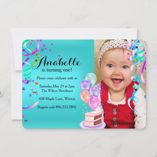 Invitation Fun Party Celebration Premier anniversaire Turquoi (Devant)
