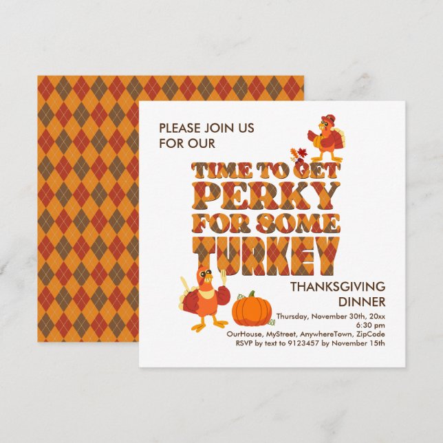 Invitation Fun PERKY POUR TURQUIE Dîner Thanksgiving (Devant / Derrière)