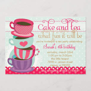 Invitation Fun Pink and Blue Cups Tea Party