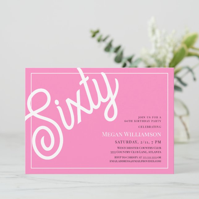 Invitation Fun Pink and White Script 60e anniversaire (Debout devant)