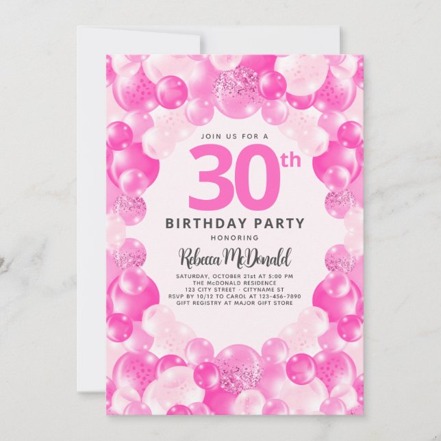 Invitation Fun Pink Balloons Faux Parties scintillant 30e ann (Devant)