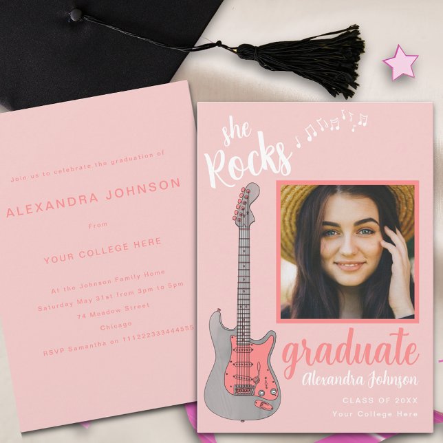 Invitation Fun Pink Script Graduate Photo Graduate Party (Fun pink electric guitar graduate photo modern script graduation party invitation )