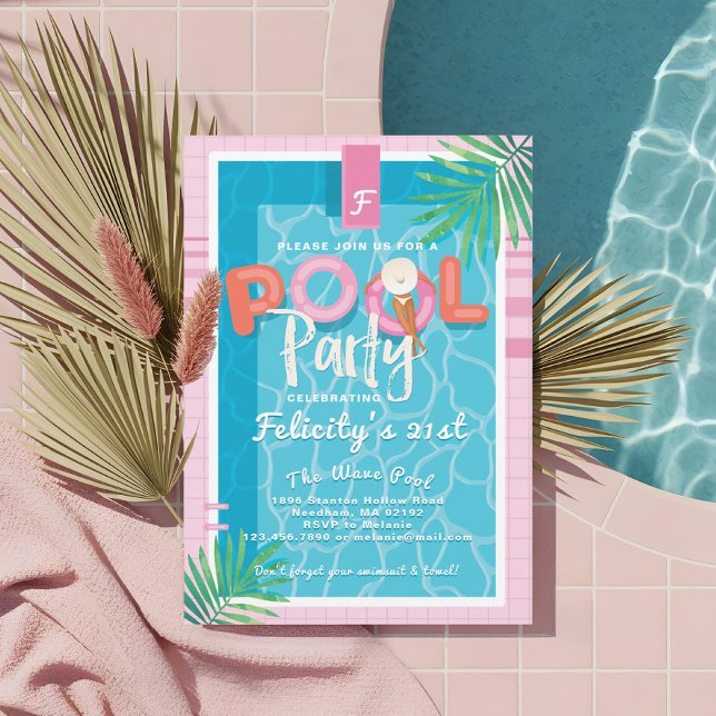 Invitation Fun Pink Tropical Adulte Summer Pool Party Anniver (Fun Pink Tropical Palm Summer Pool Party Birthday Invitation)