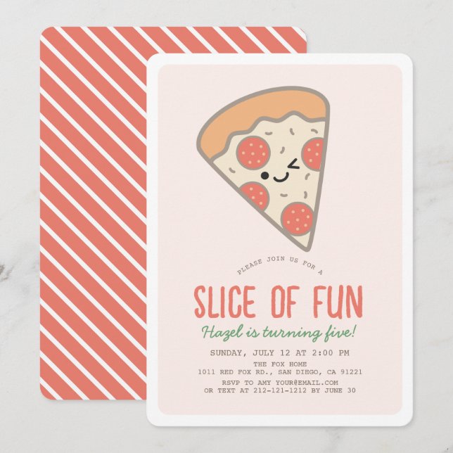 Invitation Fun Pizza Party Kawaii Rose fille Anniversaire (Devant / Derrière)