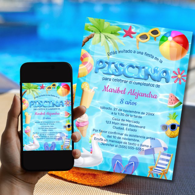 Invitation Fun Pool Party d'Espagne Anniversaire pour les fil (Créateur téléchargé)