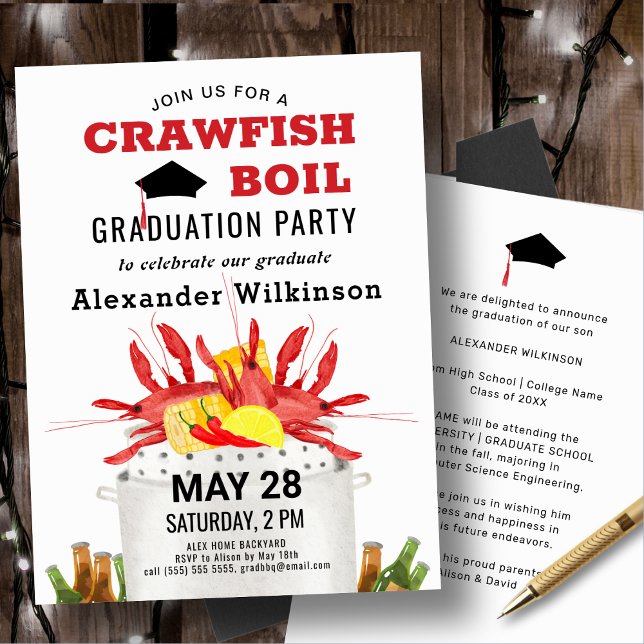 Invitation Fun Red Crawfish Fun Parti de graduation de l'écai (Créateur téléchargé)