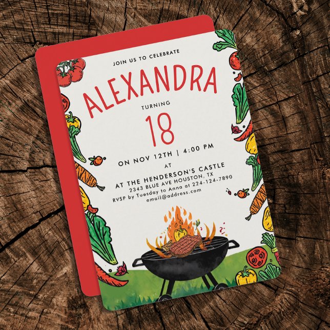 Invitation Fun Red Green Jardin Grill Steak Veggie Pique-niqu (Créateur téléchargé)