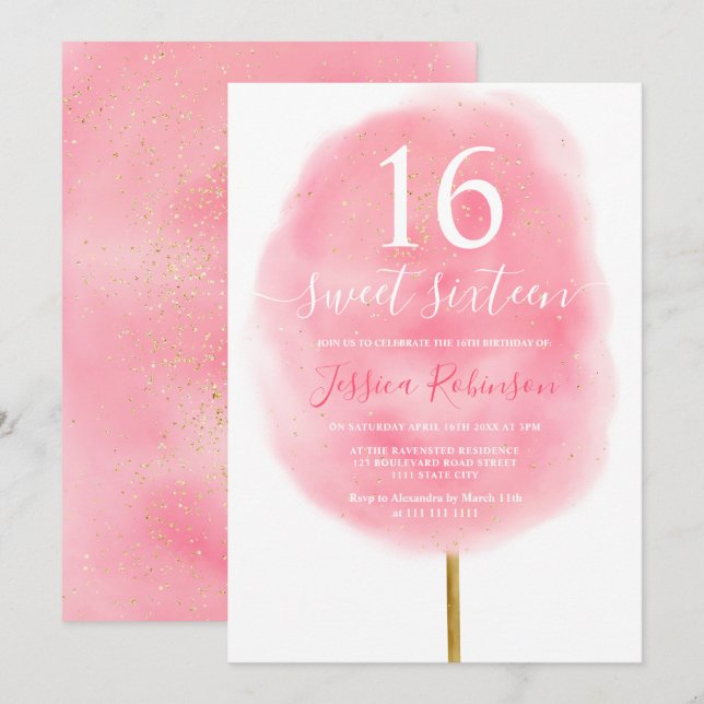 Invitation Fun rose aquarelle coton bonbon parties scintillan (Devant / Derrière)