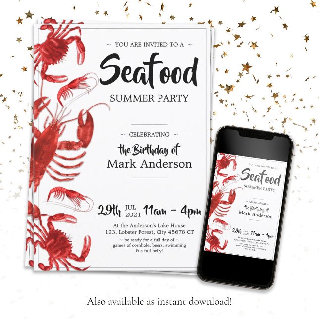 Invitation Fun Seafood Summer Anniversaire Fête (Fun Seafood Summer Birthday Party Invitation)