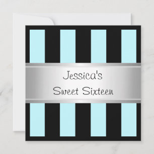 Invitation Fun Sweet 16 Light Blue Black Stripes Silver Party