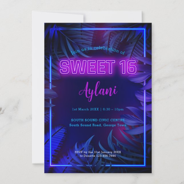 Invitation Fun Sweet 16 Neon Glow Birthday Party (Devant)