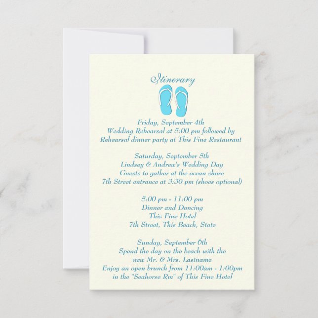 Invitation Fun Tongs de Plage Bleus Mariage Intinerary (Devant)