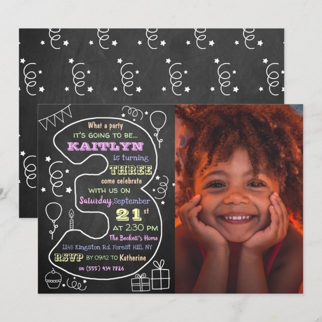 Invitation Fun & Trendy Calkboard Photo 3e anniversaire (Devant / Derrière)