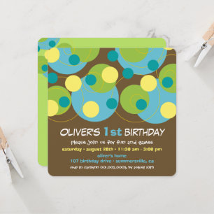 Invitation Fun Turquoise Bubbly Dots Photo Boy 1er Anniversai