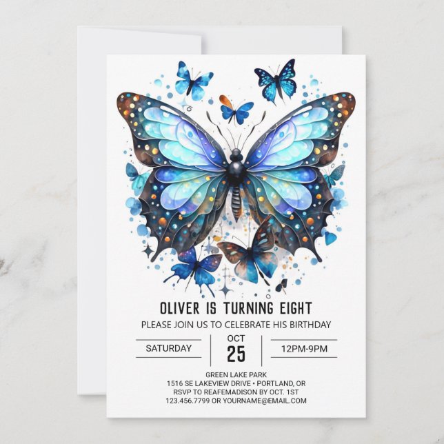 Invitation Fun Watercolor Butterfly Boy Anniversaire (Devant)