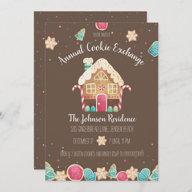 Invitation Fun Watercolor Gingerbread Holiday Cookie Exchange (Devant / Derrière)
