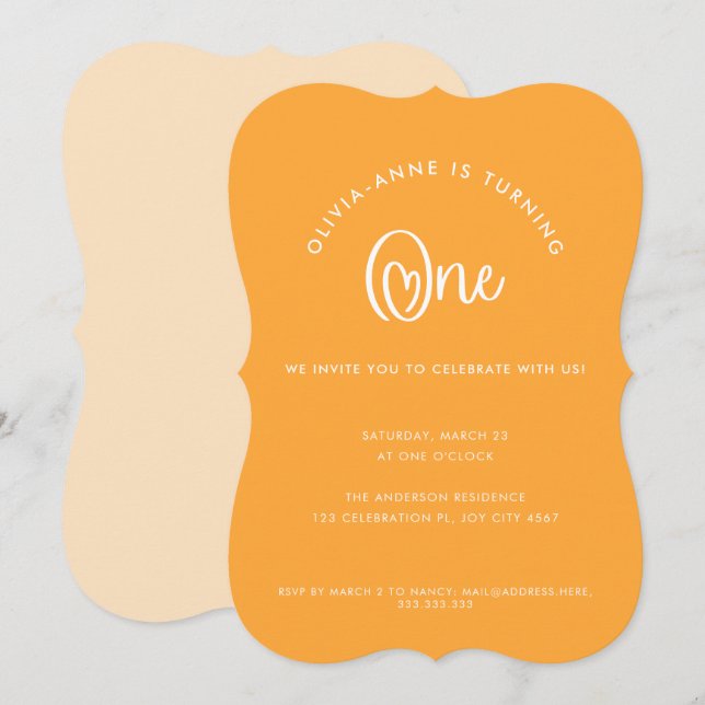 Invitation Fun Whimsical Orange Heart Script Premier annivers (Devant / Derrière)