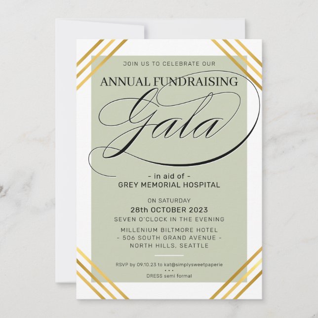 Invitation FUNDRAISING GALA événement fancy or cadre sage ver (Devant)