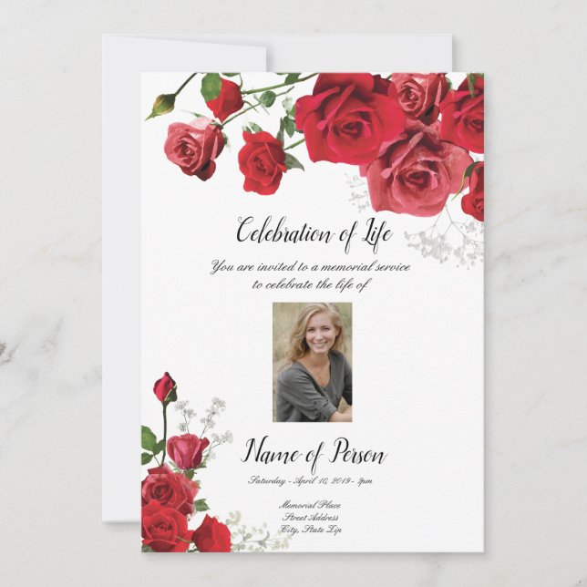 Invitation funèbre de faire-part de roses rouges (Devant)