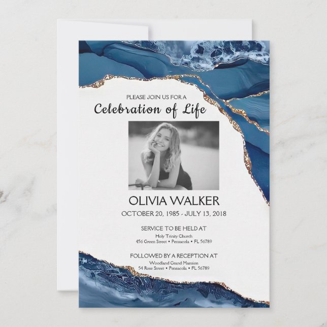 Invitation Funérailles bleues et dorées Célébrer la vie (Devant)
