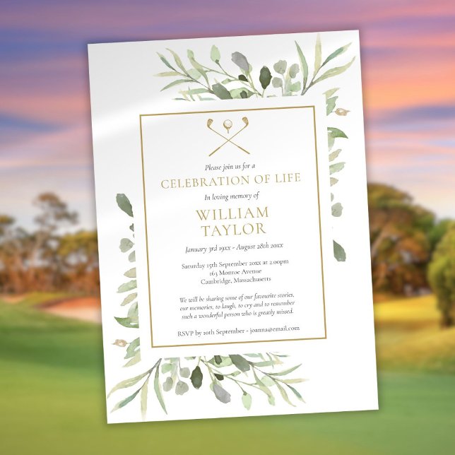 Invitation Funérailles de Golfer Célébration de la verdure de (Golfer Funeral Celebration of Life Greenery Invitation)
