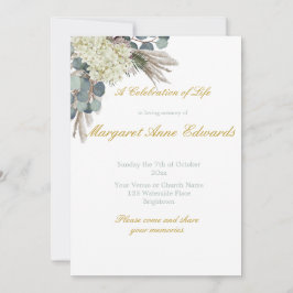 Invitation Funérailles Mémorial Floral Bleu Or Élégant Photo