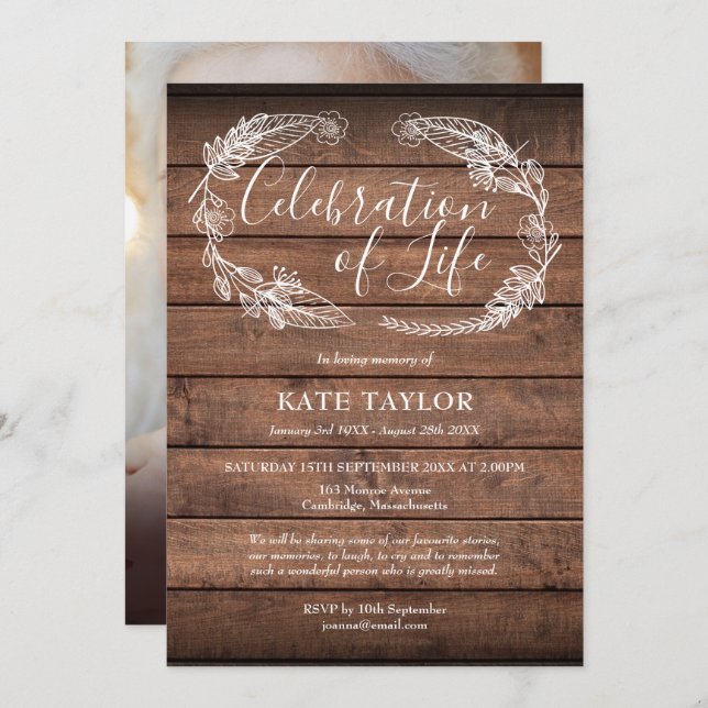 Invitation Funérailles rustiques en bois Célébration de la vi (Devant / Derrière)