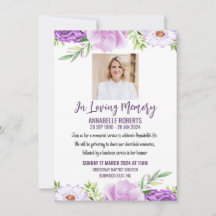 Invitation funéraire aux fleurs violettes et roses