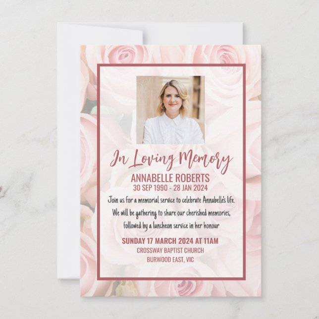 Invitation funéraire - Bouquet de roses douces ros (Devant)