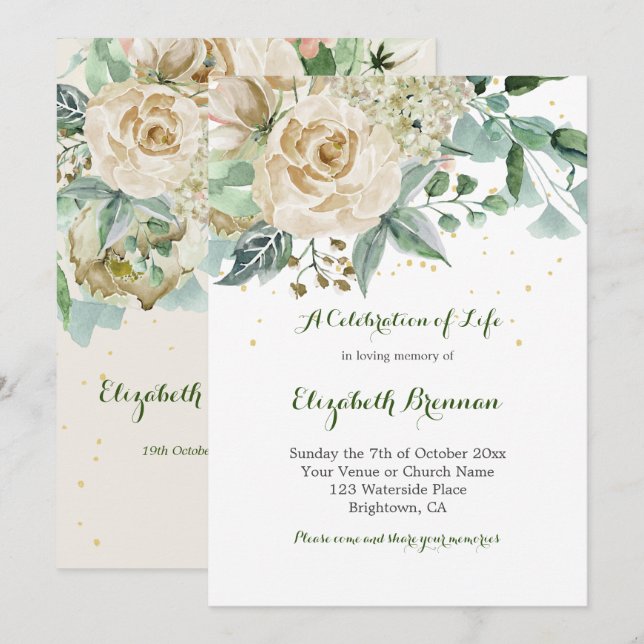 Invitation Funéraire Élégant Rose Floral Green Foliing (Devant / Derrière)
